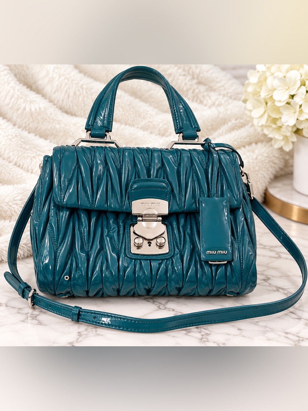 Miu Miu Teal Matelassé Patent Leather Top-Handle Bag